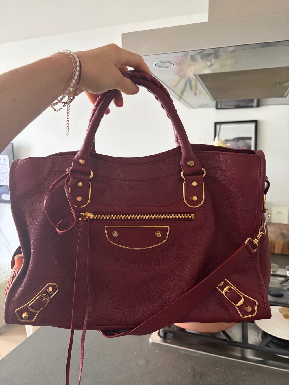 Balenciaga Burgundy Leather Tote with Gold Hardware